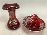 Ruby Red Glass with Silver Accents Vase and Bowl