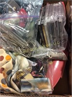 Box lot with Singer button holer, ties, more