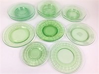 Lot: assorted green depression glass plates