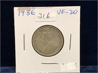 1936 Canadian Silver 25 Cent Piece  VF20