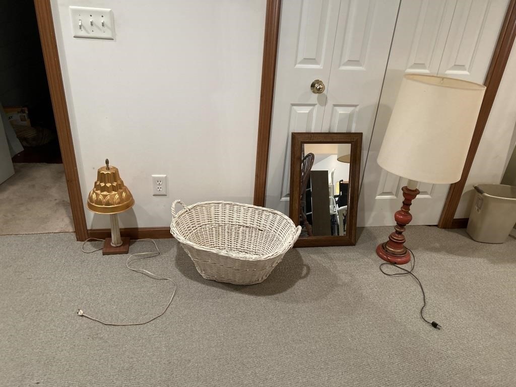 Table, lights, mirror, and wicker carrier