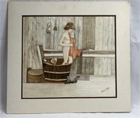 Woman Bathing Colored Pencil Drawing Signed