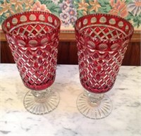Pair Of Cranberry Cut Glass Vases -