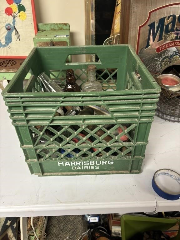 harrisburg dairies crate with old bottles, small