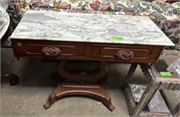 ANTIQUE LYRE HARP MARBLE TOP PARLOR TABLE