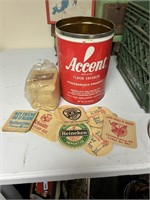 accent tin with schlitz beer coasters