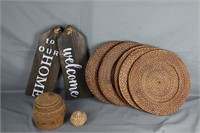Woven Placemats, Baskets, Wood Welcome Sign