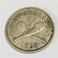 Silver 1939 New Zealand 3 Pence Coin