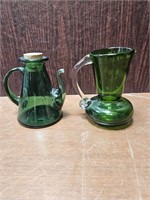 Pair of Vintage Green Pitchers - Hand Blown