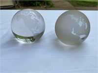 Pair Glass Etched EARTH Globe Paperweights