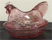 Pink hen on nest candy dish measuring 5 3/4