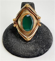Large Vintage Sterling/Brass Green Onyx Ring 12 Gr