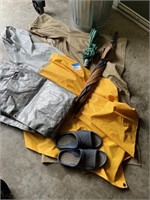 Rubber sandals, umbrellas, ponchos, tarp