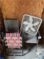 Box fan, chairs, lawn chair