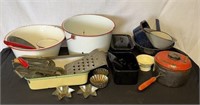 Assorted Enamelware, Strainers, Cooking & Baking