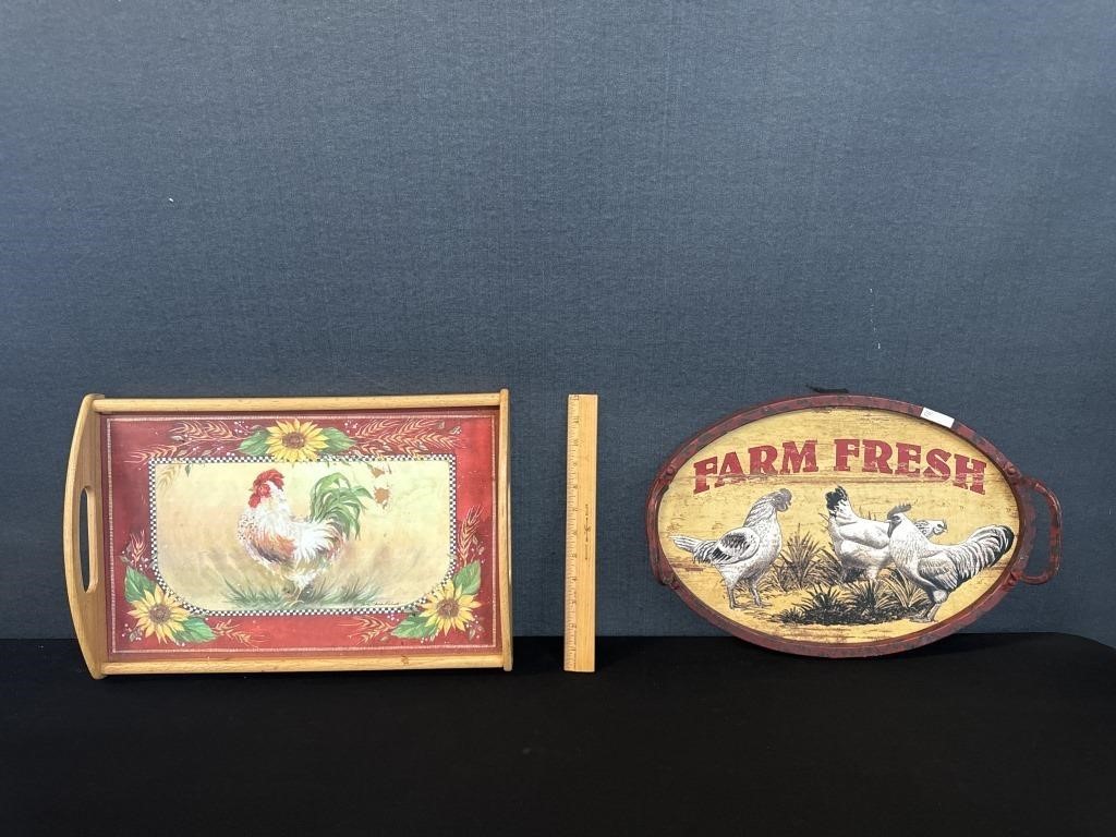 2 Rooster Decorative Trays