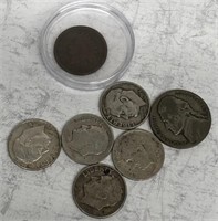 (5) Silver Roosevelt Dimes, 1943-P Nickel, 1892 In