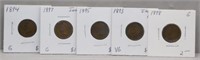 (5) Indian Head Cents. Dates Include: 1893, 1894,