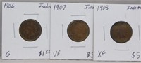 (3) Indian Head Cents. Dates Include: 1906, 1907,