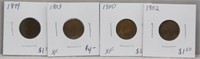 (4) Indian Head Cents. Dates Include: 1899, 1900,