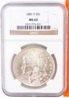 Coin 1881-S  Morgan Silver Dollar NGC MS62
