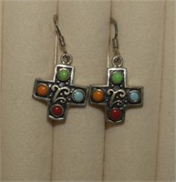 Sterling Cross Earrings w/ Colorful Stones