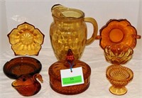 7 pcs Amber glass: Jeanette candy dish, Smith