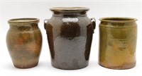 Three Stoneware Crocks. Magnanese Glaze