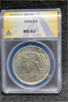 1926-S Slab Peace Silver Dollar ANACS MS62