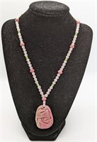 Rose Quartz Bead Necklace With Carved Pendant