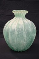 LARGE FROSTED GREEN GLASS VASE - 11" TALL