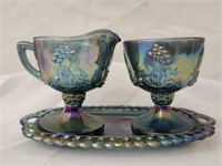 3pcs Gorgeous Blue Carnival Glass Pieces