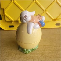 Porcelain bunny on egg trinket dish. 8" tall