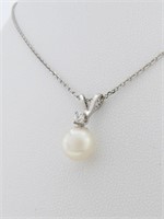 Pearl, Diamond Pendant, 14K White Gold Chain