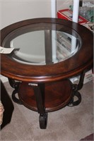GORGEOUS WOOD, IRON, GLASS TOP SIDE TABLE