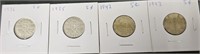 4 Canadian nickel 1935,1936,1942,1943