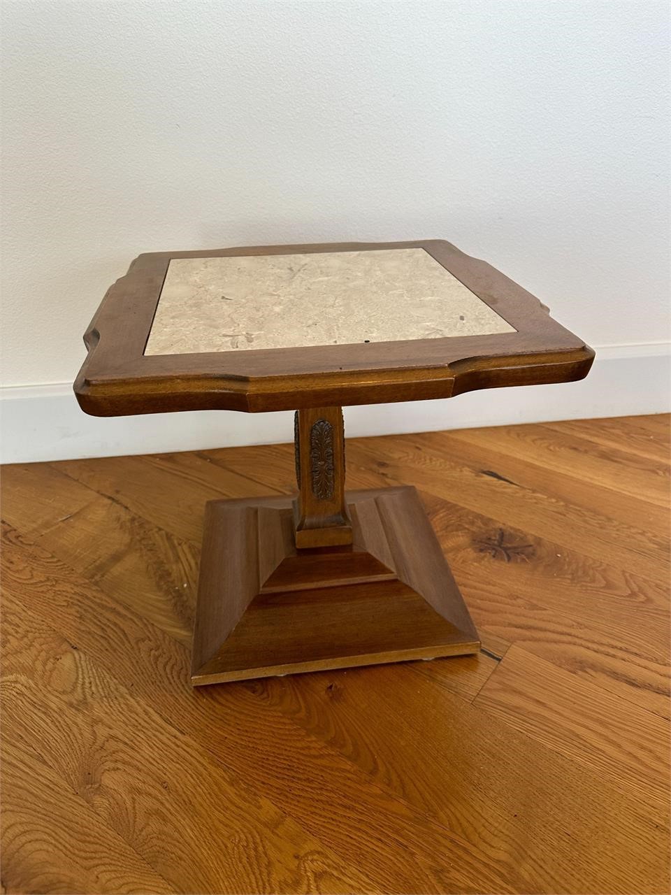Midcentury Marble Inlay Wood Side Table