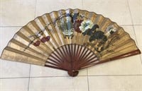 Vintage Large Chinese Fan Hand Painted Bamboo