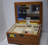 Wooden Jewelry Box w/ Contents, Mirror & Key
