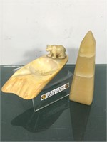 Small scrimshaw bone ashtray & alabaster obelisk