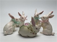 Four Vintage Ceramic Rabbit Figurines and Hand