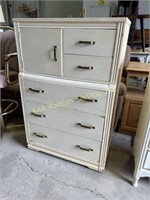 Cream painted wood tall dresser with 1 door and 5