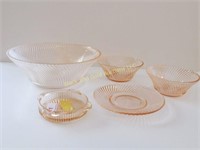 Five Pieces Pink Diana Depression Glass