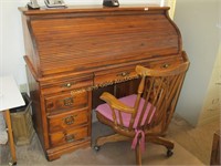 54 Inch Pine Rolltop Desk, Chair