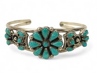 Vintage Sterling Silver & Turquoise Flower Cuff