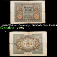 1920 Weimar Germany 100 Mark Note P# 69A Grades vf