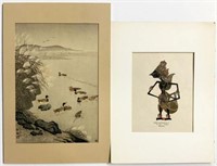 Lot of 2 Unframed Prints- One a Japanese Woodblock