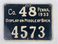 1933 PA RESIDENT METAL HUNTERS LICENSE TAG: