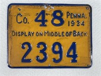 1934 PA RESIDENT METAL HUNTERS LICENSE TAG: