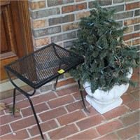 WROUGHT IRON TABLE AND 2 PLANTERS W/PRE-LIT